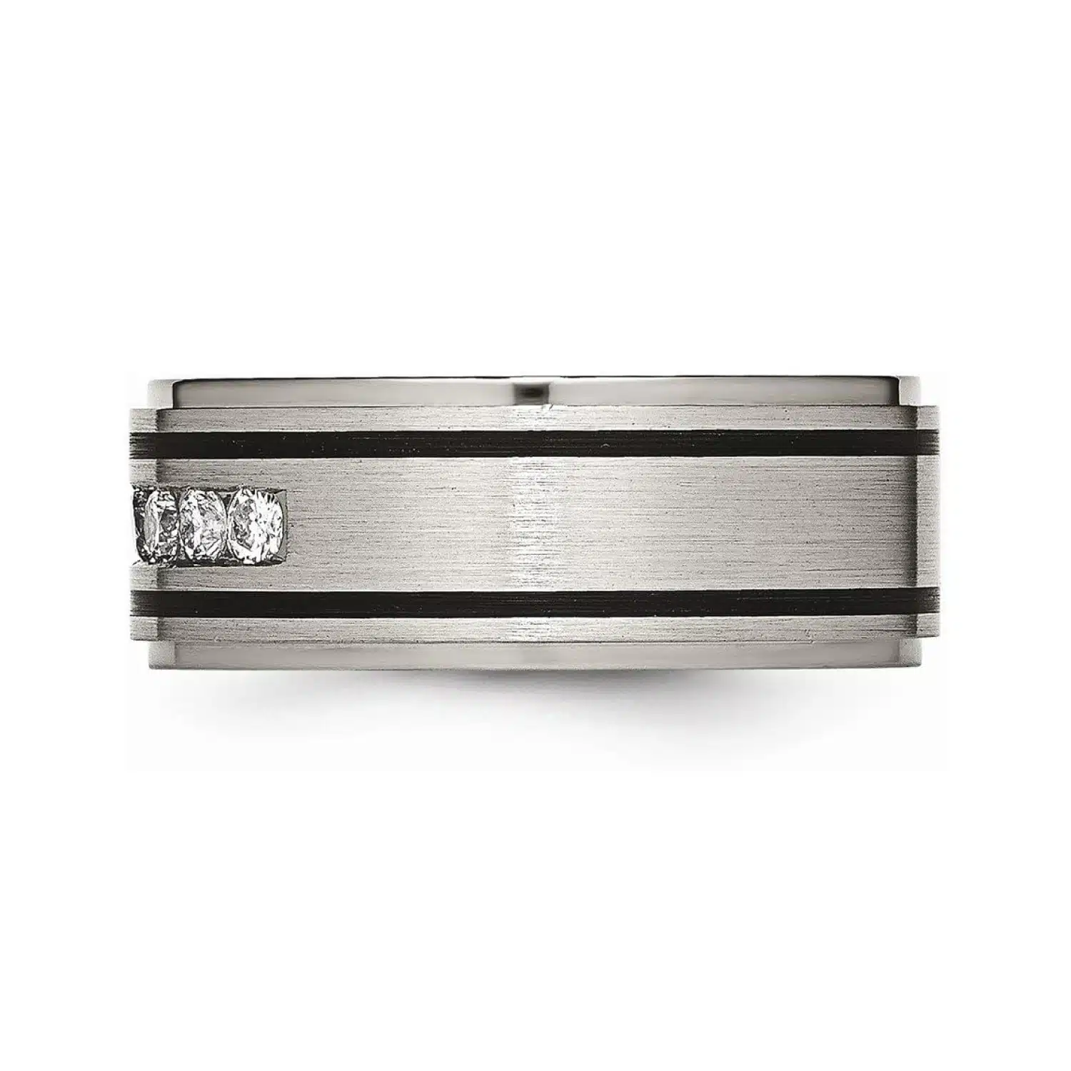 enameled-half-carat-diamond-mens-titanium-wedding-bands-with-diamonds-9mm-2 A Solid Titanium Mens Titanium Wedding Bands With Diamonds (9mm) with a Matte Brushed Enameled Finish and 1/2 CTW diamonds.