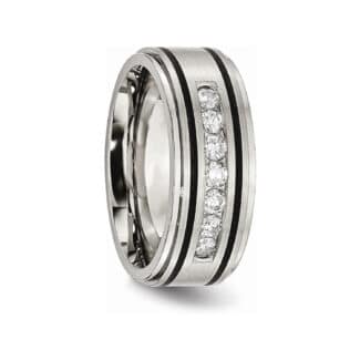 A Solid Titanium Mens Titanium Wedding Bands With Diamonds (9mm) with a Matte Brushed Enameled Finish and 1/2 CTW diamonds.