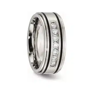 A Solid Titanium Mens Titanium Wedding Bands With Diamonds (9mm) with a Matte Brushed Enameled Finish and 1/2 CTW diamonds.