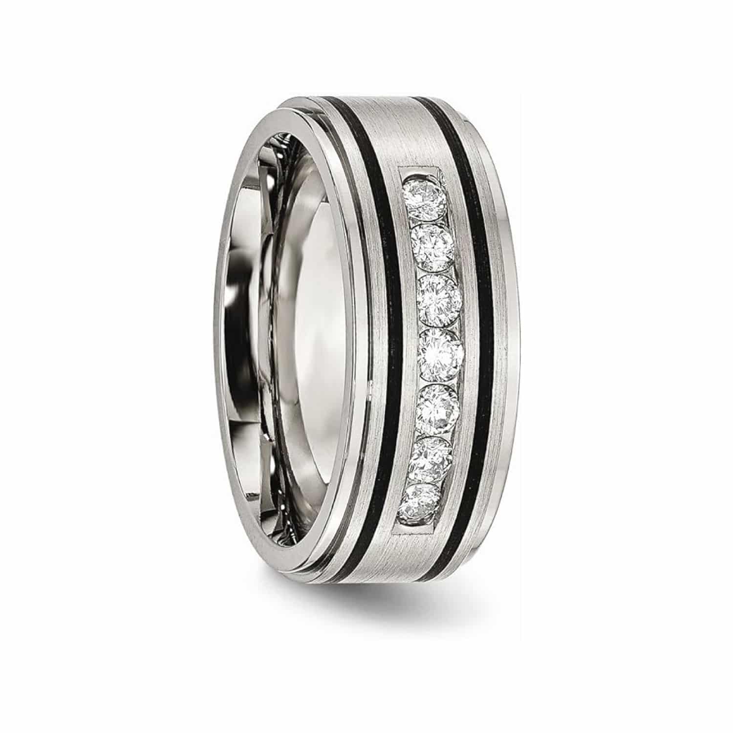A Solid Titanium Mens Titanium Wedding Bands With Diamonds (9mm) with a Matte Brushed Enameled Finish and 1/2 CTW diamonds.