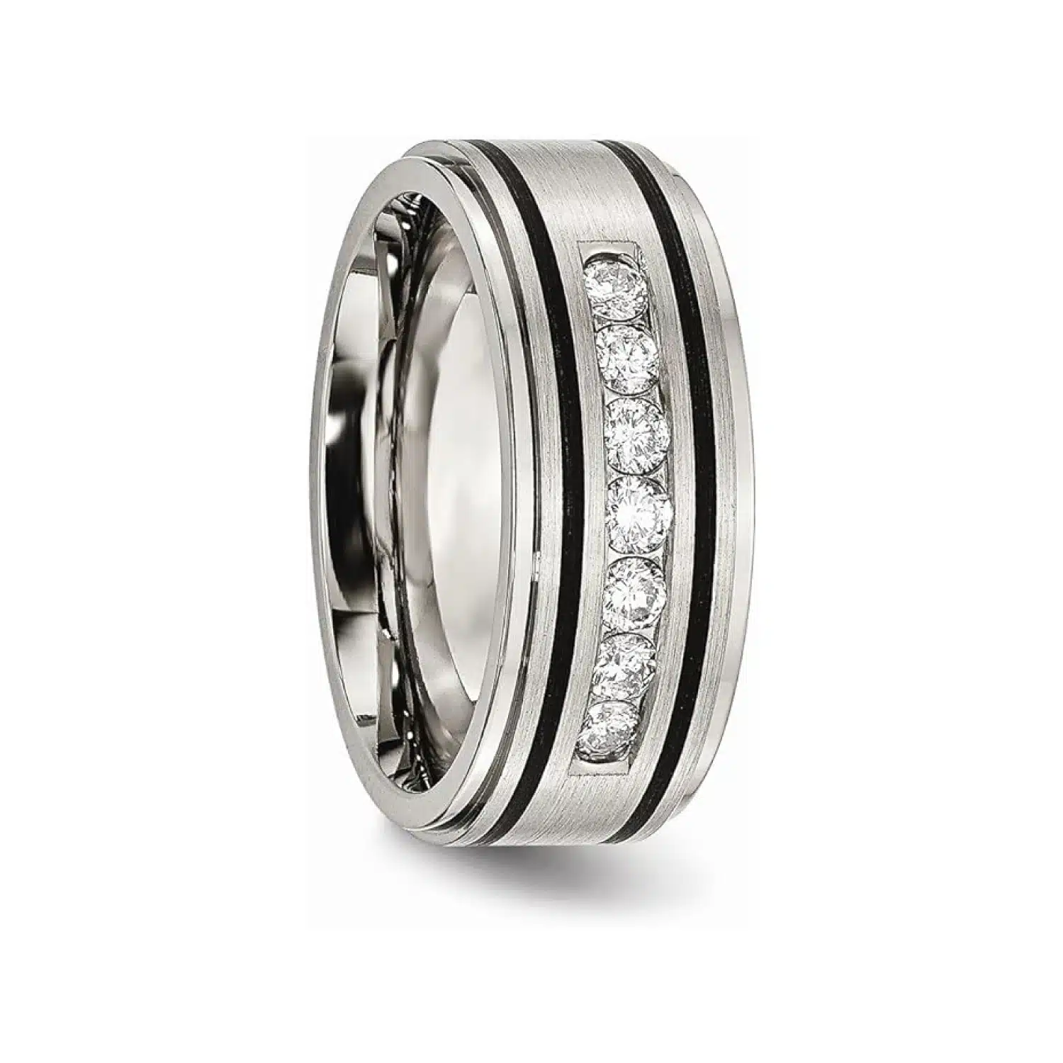 enameled-half-carat-diamond-mens-titanium-wedding-bands-with-diamonds-9mm-3 A Solid Titanium Mens Titanium Wedding Bands With Diamonds (9mm) with a Matte Brushed Enameled Finish and 1/2 CTW diamonds.