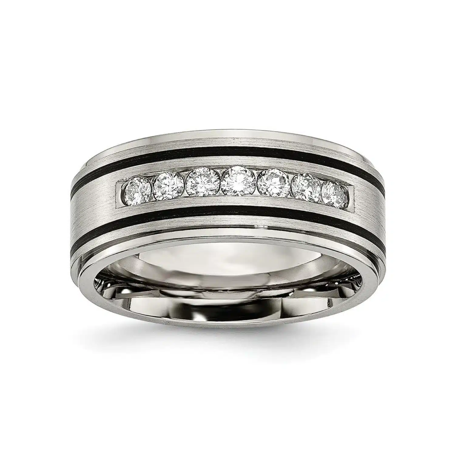 enameled-half-carat-diamond-mens-titanium-wedding-bands-with-diamonds-9mm A Solid Titanium Mens Titanium Wedding Bands With Diamonds (9mm) with a Matte Brushed Enameled Finish and 1/2 CTW diamonds.