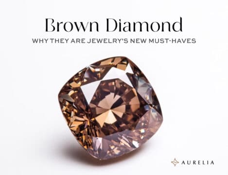 A large, rich cognac brown cushion-cut diamond with high saturation and brilliance, placed on a white background. Title text reads: Brown Diamond - Why They Are Jewelry's New Must-Haves.