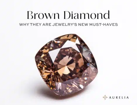A large, rich cognac brown cushion-cut diamond with high saturation and brilliance, placed on a white background. Title text reads: Brown Diamond - Why They Are Jewelry's New Must-Haves.