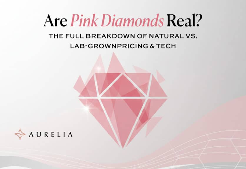 Feature image: Stylized geometric pink diamond with the title "Are Pink Diamonds Real? The Full Breakdown of Natural vs. Lab-Grown Pricing & Tech," representing the core topic of diamond authenticity and value.