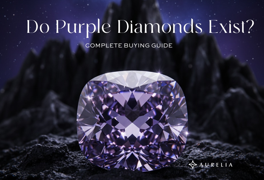 Feature image: A large, brilliant-cut purple diamond set on dark, craggy ground, with sharp black mountains and a dark purple sky in the background. The text reads "Do Purple Diamonds Exist? Complete Buying Guide."