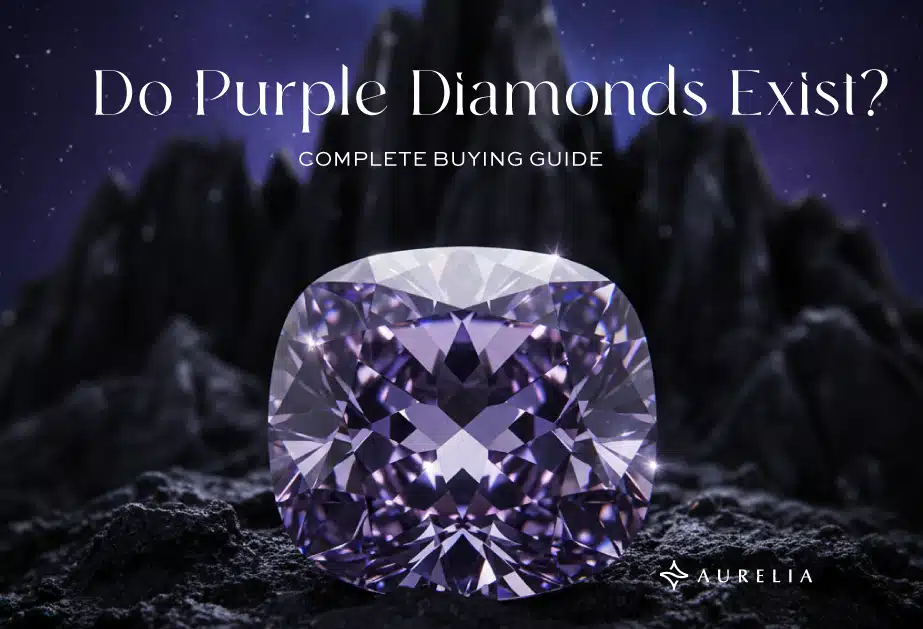 Feature image: A large, brilliant-cut purple diamond set on dark, craggy ground, with sharp black mountains and a dark purple sky in the background. The text reads "Do Purple Diamonds Exist? Complete Buying Guide."