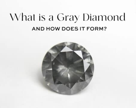 Featured image for the ultimate guide to gray diamonds. A close-up shot of a dark, round brilliant cut gray diamond, titled "What is a Gray Diamond and How Does it Form?". The image showcases the stone's sophisticated, moody gray body color.