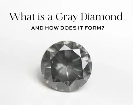 Featured image for the ultimate guide to gray diamonds. A close-up shot of a dark, round brilliant cut gray diamond, titled "What is a Gray Diamond and How Does it Form?". The image showcases the stone's sophisticated, moody gray body color.