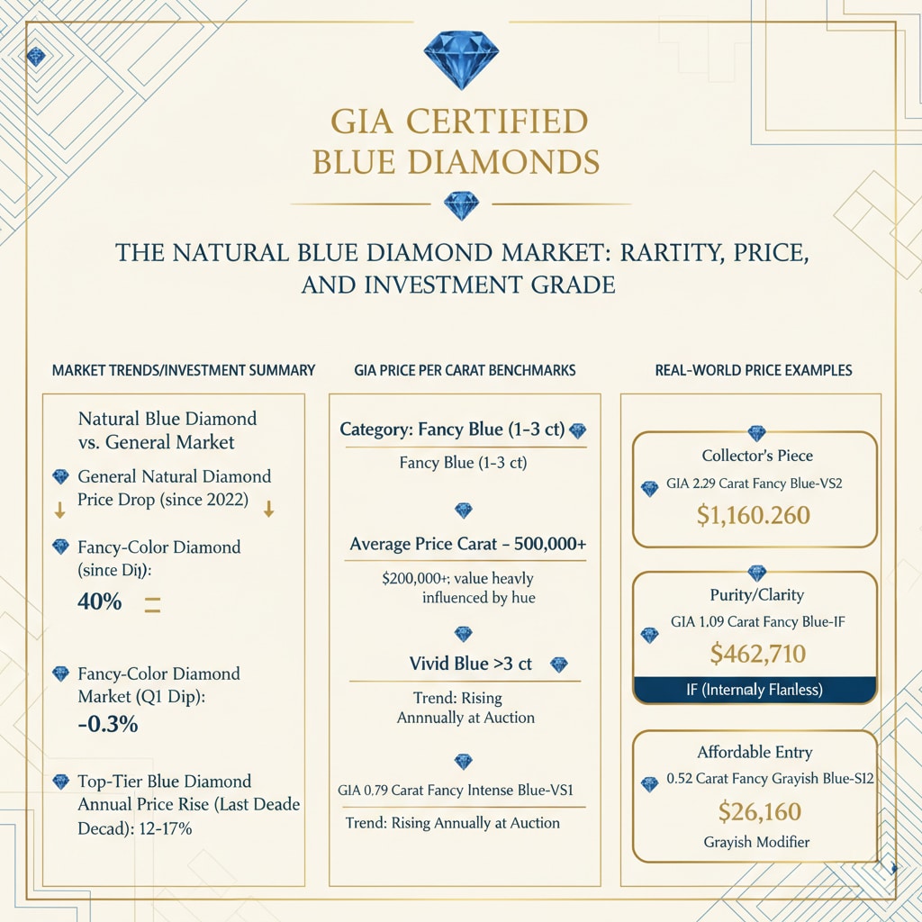 GIA Certified Blue Diamond Investment Market Diagram: A visual summary of the natural blue diamond market showing that prices for top-tier stones are rising 12-17% annually, while general diamond prices dropped 40%. It details the Average Price Per Carat for Fancy Blue ($200K - $500K+) and Vivid Blue ($1M+) categories and provides real-world prices for GIA certified blue diamonds to illustrate their high value.