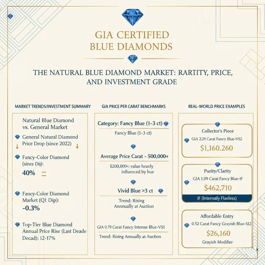 GIA Certified Blue Diamond Investment Market Diagram: A visual summary of the natural blue diamond market showing that prices for top-tier stones are rising 12-17% annually, while general diamond prices dropped 40%. It details the Average Price Per Carat for Fancy Blue ($200K - $500K+) and Vivid Blue ($1M+) categories and provides real-world prices for GIA certified blue diamonds to illustrate their high value.