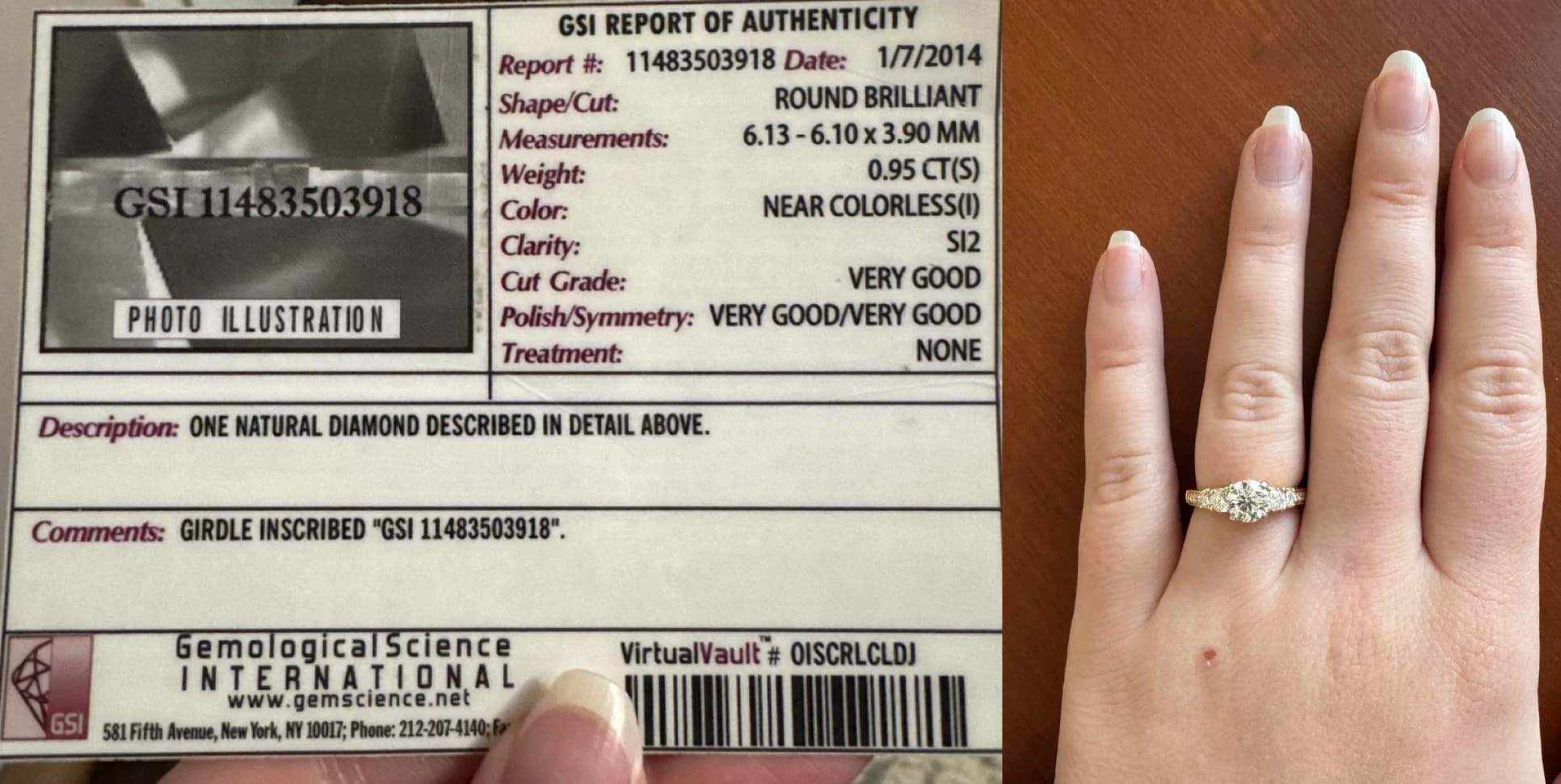 GSI diamond certification report showing G color, SI2 clarity next to a round brilliant three-stone engagement ring on a woman's hand, illustrating the GSI grading controversy and consumer doubt over grade inflation.