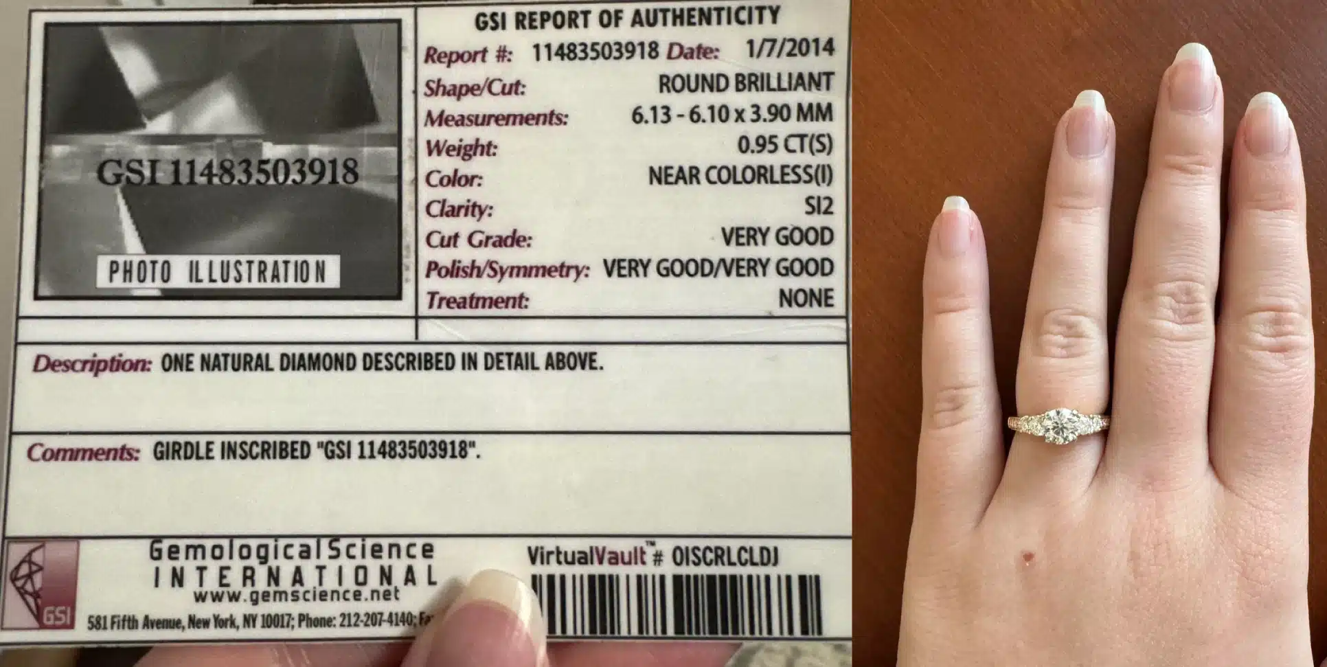 GSI diamond certification report showing G color, SI2 clarity next to a round brilliant three-stone engagement ring on a woman's hand, illustrating the GSI grading controversy and consumer doubt over grade inflation.