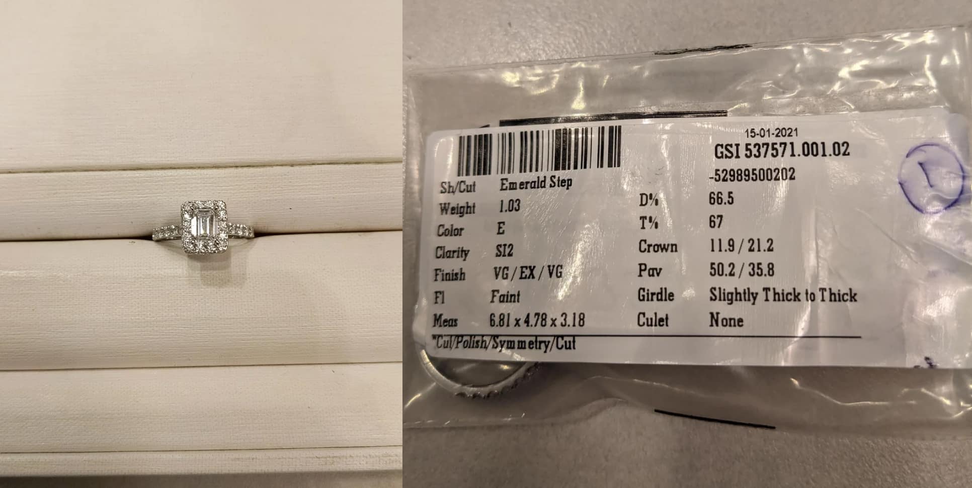 Emerald step cut halo diamond engagement ring in box next to GSI lab report listing 1.03 carat, E color, SI2 clarity, illustrating the difficulty consumers face with GSI online verification.