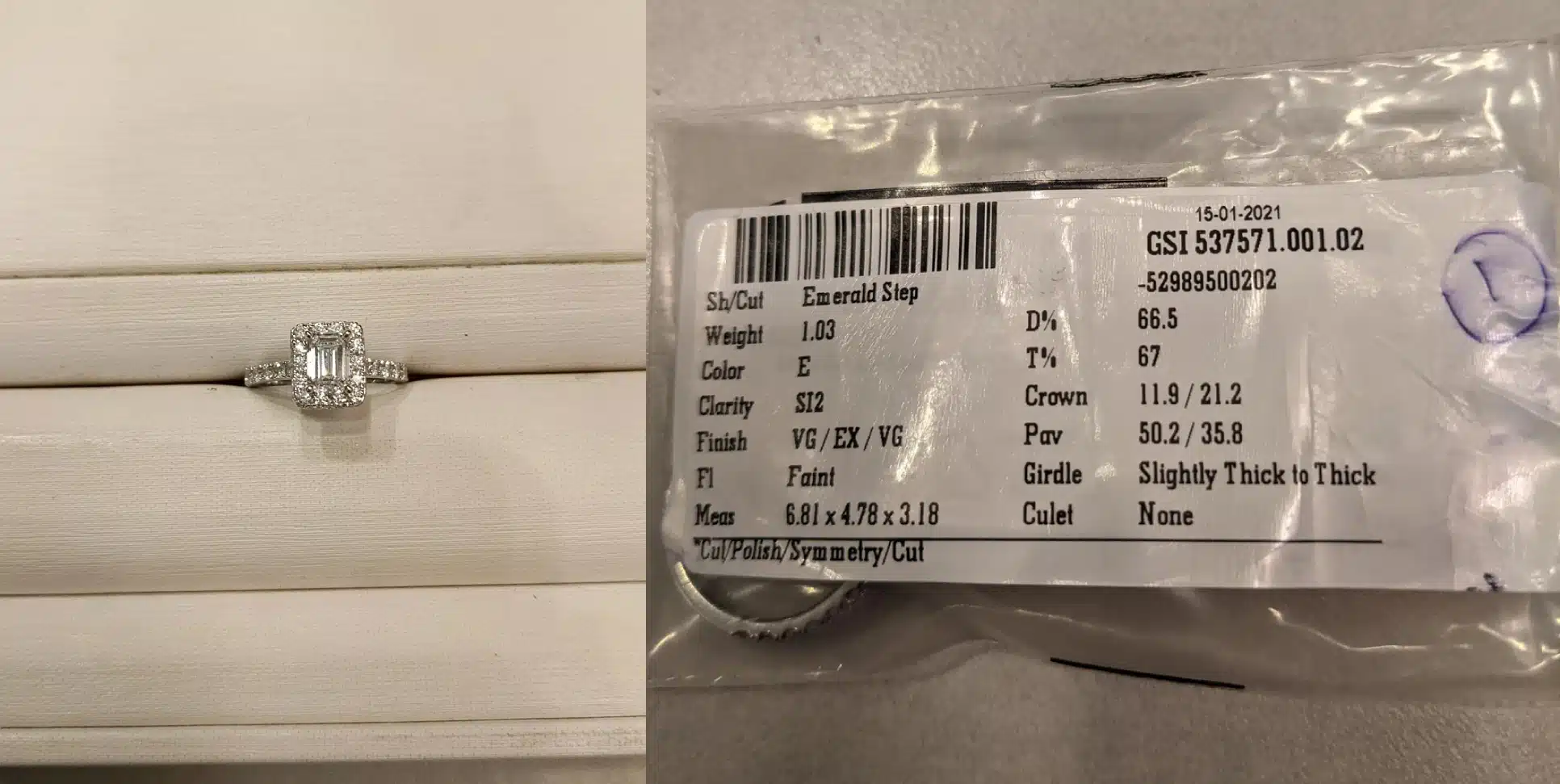 Emerald step cut halo diamond engagement ring in box next to GSI lab report listing 1.03 carat, E color, SI2 clarity, illustrating the difficulty consumers face with GSI online verification.