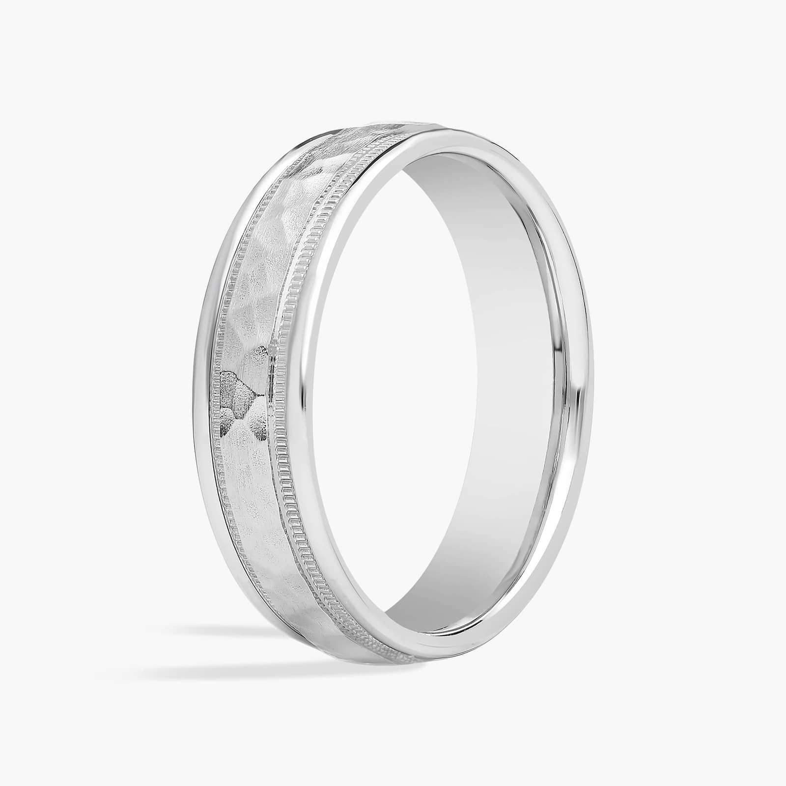 A Hammered Milgrain Comfort Fit Mens Wedding Band in Platinum (6.00mm) with an artistic hammered finish and polished edges.