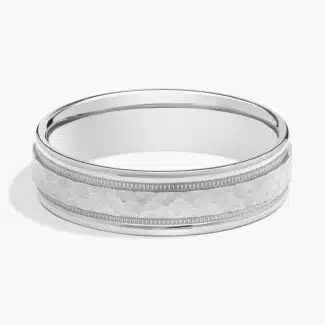 A Hammered Milgrain Comfort Fit Mens Wedding Band in Platinum (6.00mm) with an artistic hammered finish and polished edges.