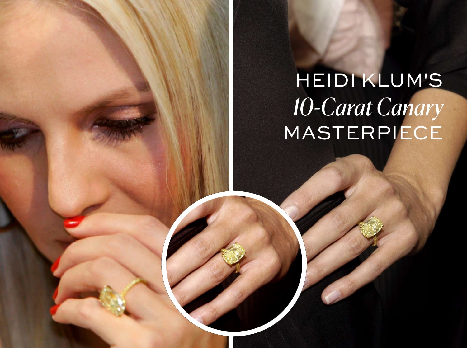 Heidi Klum wearing her famous 10-carat, oval-cut canary yellow diamond engagement ring, set in a yellow gold solitaire band designed by Lorraine Schwartz, showcasing a masterclass in enhancing the yellow diamond color.