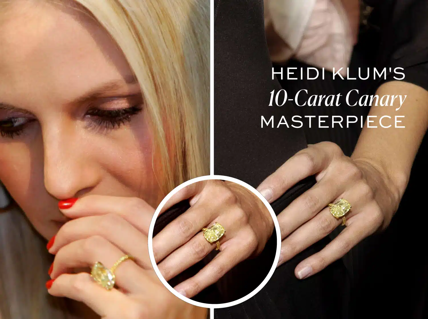 Heidi Klum wearing her famous 10-carat, oval-cut canary yellow diamond engagement ring, set in a yellow gold solitaire band designed by Lorraine Schwartz, showcasing a masterclass in enhancing the yellow diamond color.