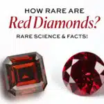 Featured image: How rare are red diamonds? Showcase of two rare Fancy Red colored diamonds (Asscher/Emerald cut and Round Brilliant) illustrating the extreme scarcity and high value of the most precious colored diamond.
