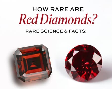 Featured image: How rare are red diamonds? Showcase of two rare Fancy Red colored diamonds (Asscher/Emerald cut and Round Brilliant) illustrating the extreme scarcity and high value of the most precious colored diamond.