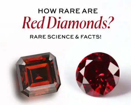 Featured image: How rare are red diamonds? Showcase of two rare Fancy Red colored diamonds (Asscher/Emerald cut and Round Brilliant) illustrating the extreme scarcity and high value of the most precious colored diamond.