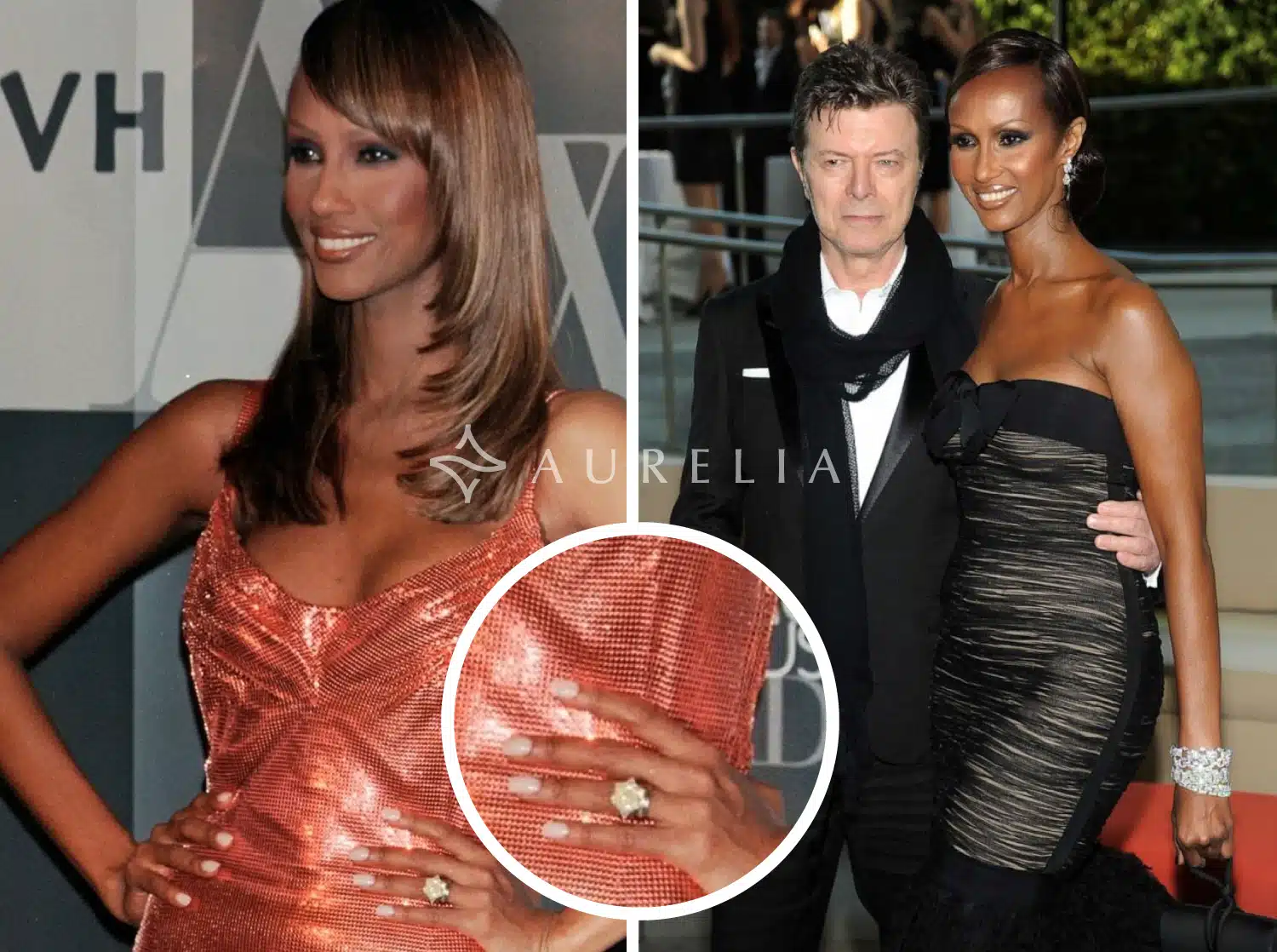 Iman and David Bowie, showing a close-up of Iman's trendsetting 10-carat, radiant-cut fancy yellow diamond engagement ring set in a three-stone setting, widely credited with launching the modern yellow diamond trend.