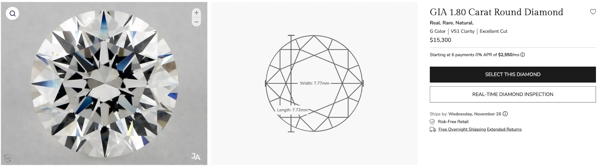 James Allen product page featuring the GIA 1.80 Carat I-VS1 Excellent Cut Round Diamond for $15,300, used as the high-premium competitor stone in the Rare Carat review comparison.