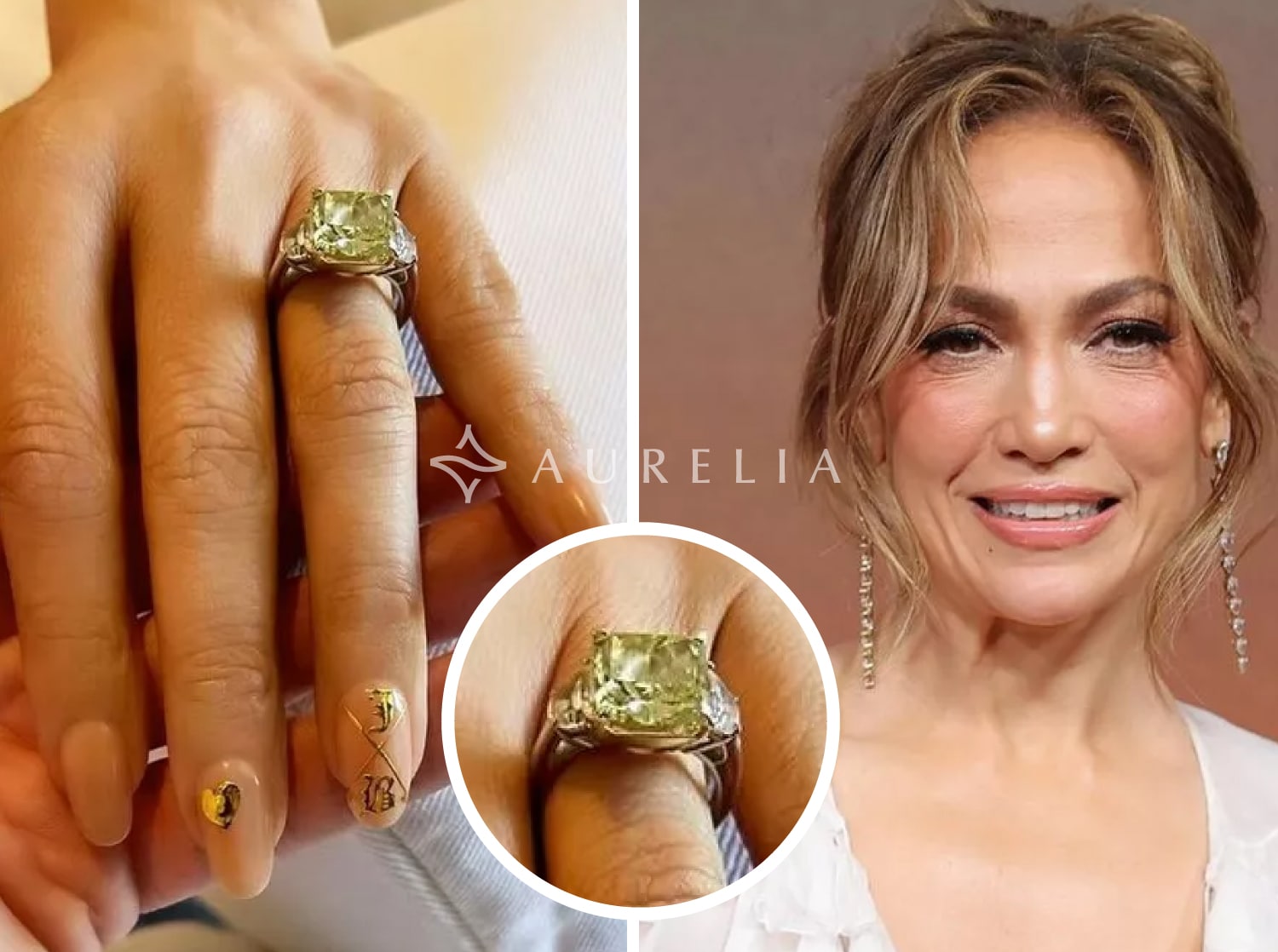 Jennifer Lopez wearing a showstopping Harry Winston radiant-cut yellow diamond ring, part of a stunning yellow diamond suite, used for her monochromatic look at the 2016 Golden Globe Awards.