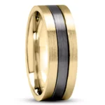 A Kaha Carved Black And Gold Mens Wedding Band (7.00mm) with a brushed 14K Yellow Gold body and a black rhodium plated center.