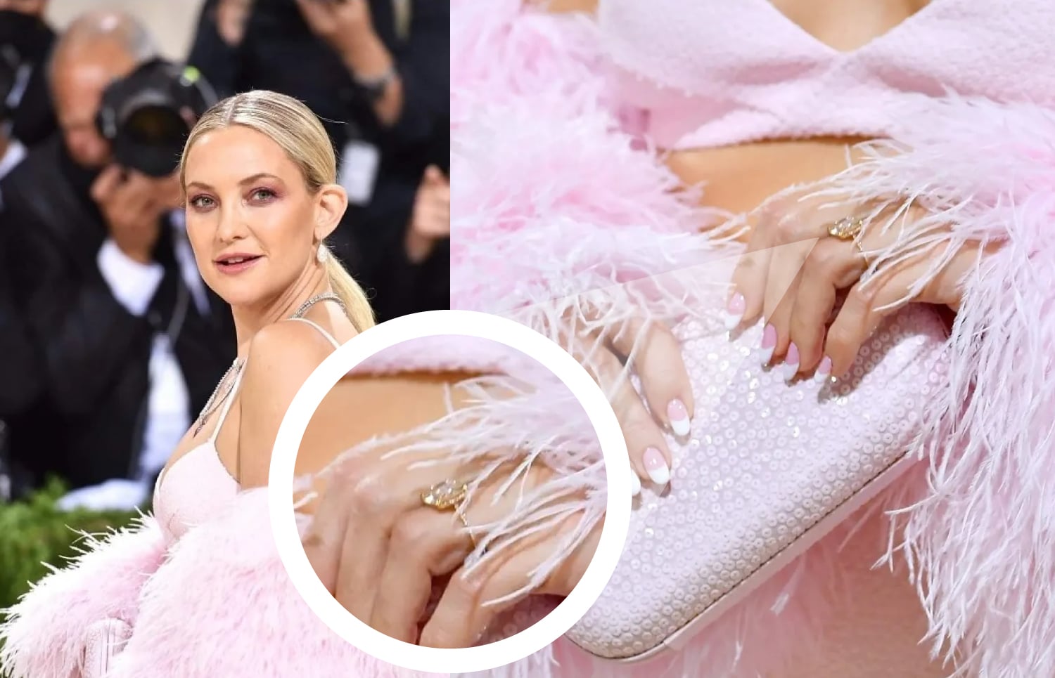 Kate Hudson wearing her light brown elongated cushion-cut diamond engagement ring set on a rose gold pavé band, with a magnified inset showing the stone's color.