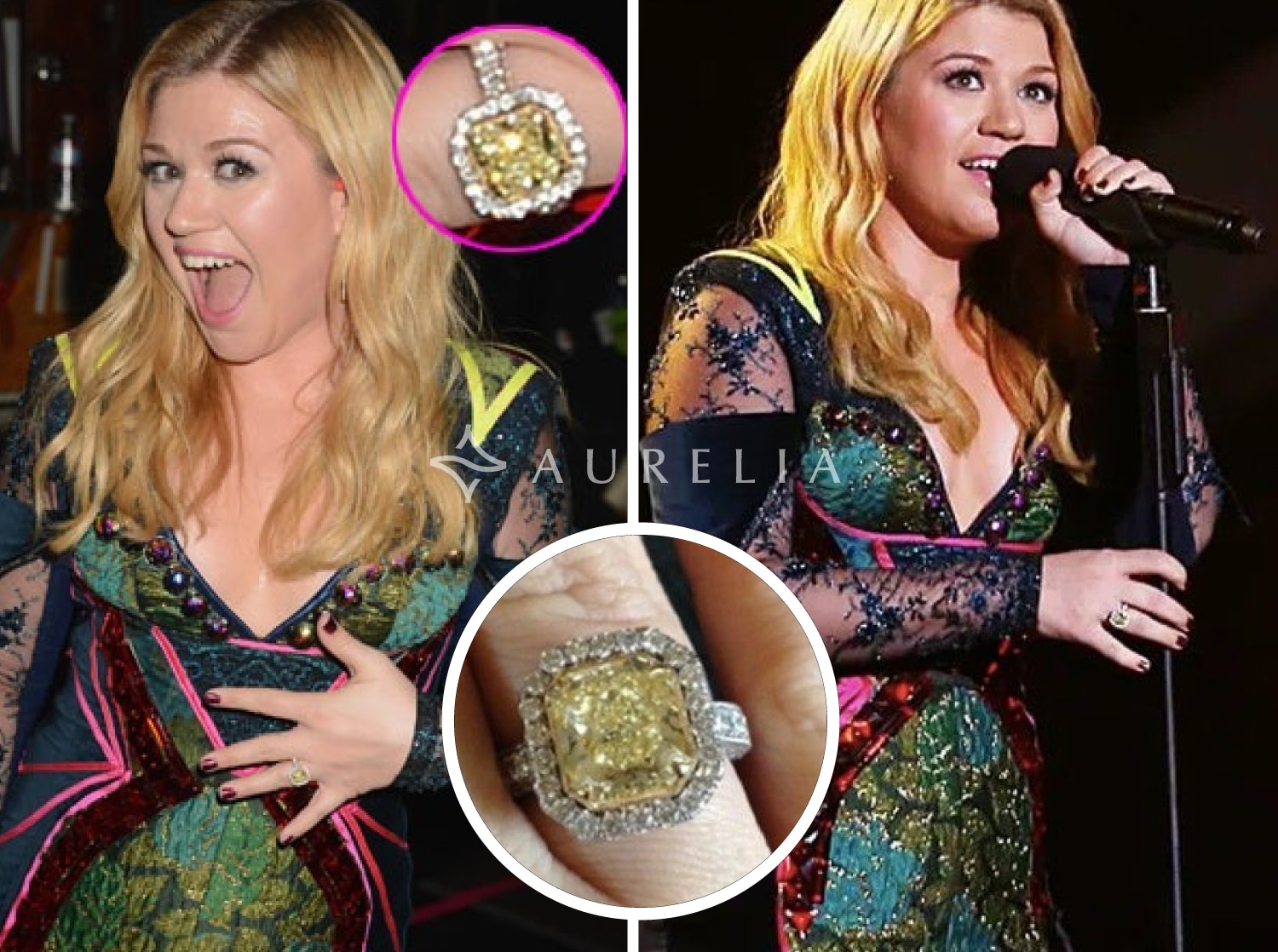 Kelly Clarkson wearing her 5-carat radiant-cut canary yellow diamond engagement ring, set in a platinum halo of colorless diamonds, showcasing the popular choice of a radiant cut to maximize the yellow color and sparkle.