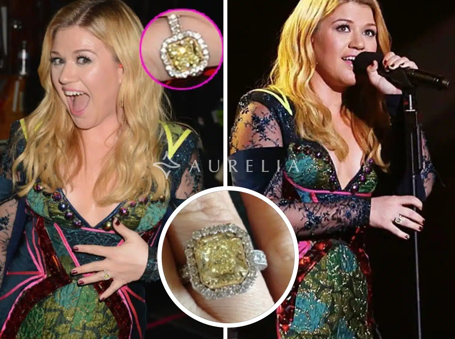 Kelly Clarkson wearing her 5-carat radiant-cut canary yellow diamond engagement ring, set in a platinum halo of colorless diamonds, showcasing the popular choice of a radiant cut to maximize the yellow color and sparkle.