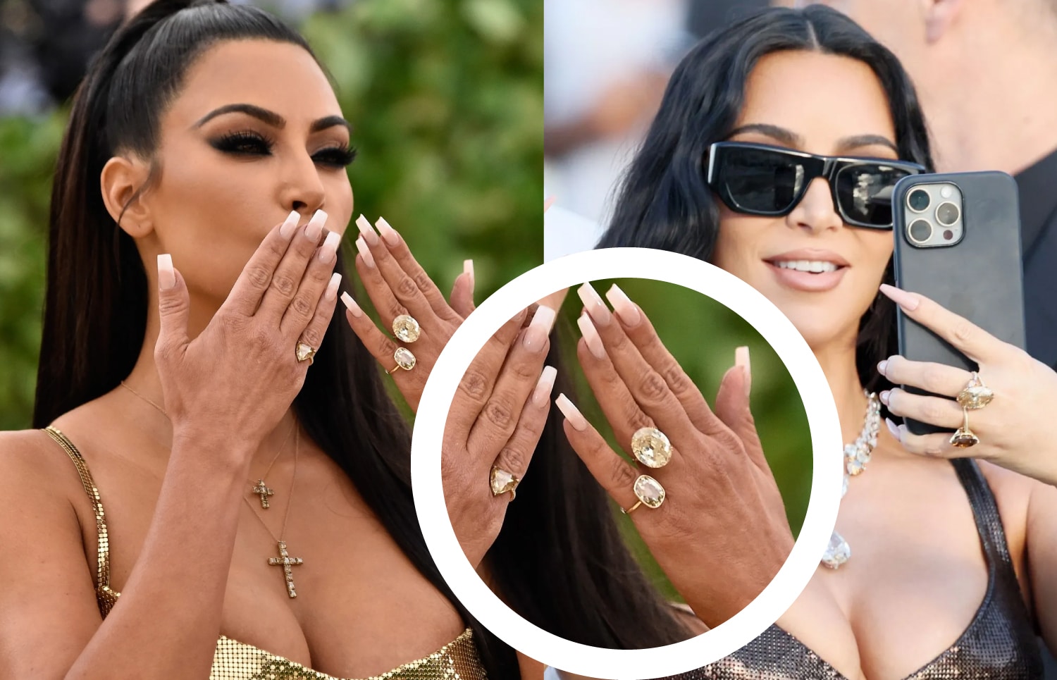 Kim Kardashian wearing multiple large champagne and light brown 'nude' diamond rings by Lorraine Schwartz, showcasing the trend of warm-hued jewelry.