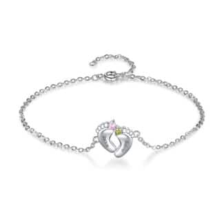 A personalized Heart Infinity Birthstone Baby's Footprint Charm Bracelet in real gold, engraved with names and featuring two birthstones, a superb option for Luxury Push Present Ideas.