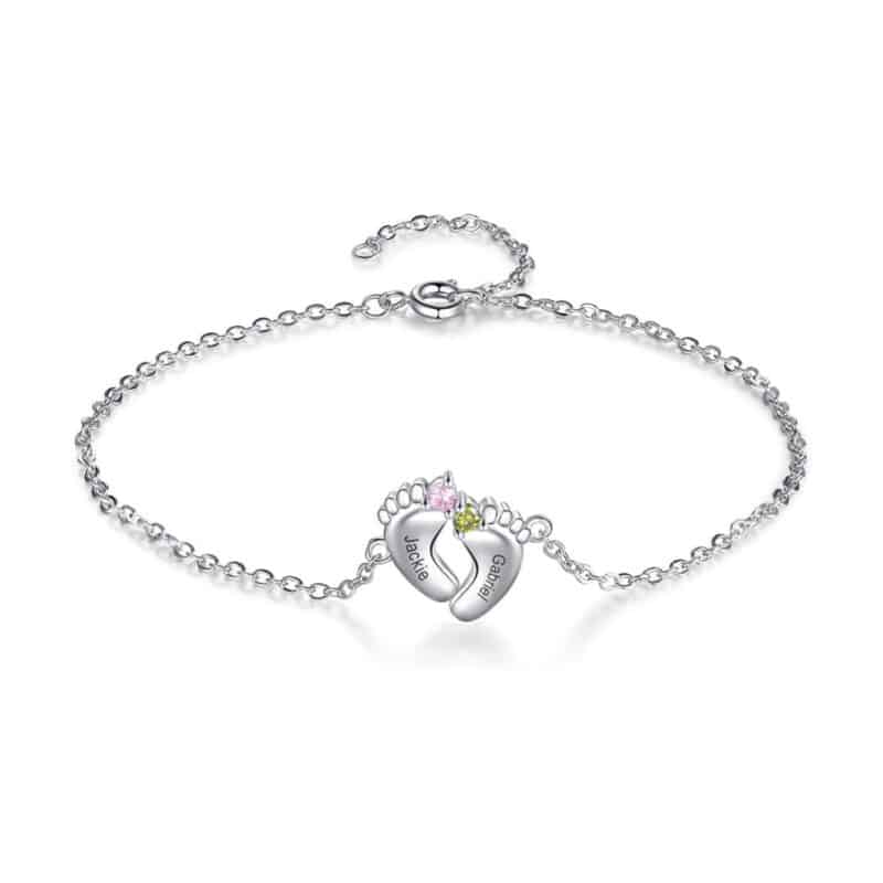 A personalized Heart Infinity Birthstone Baby's Footprint Charm Bracelet in real gold, engraved with names and featuring two birthstones, a superb option for Luxury Push Present Ideas.