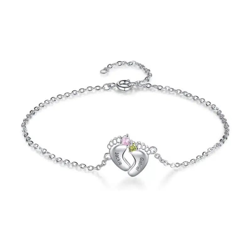 A personalized Heart Infinity Birthstone Baby's Footprint Charm Bracelet in real gold, engraved with names and featuring two birthstones, a superb option for Luxury Push Present Ideas.