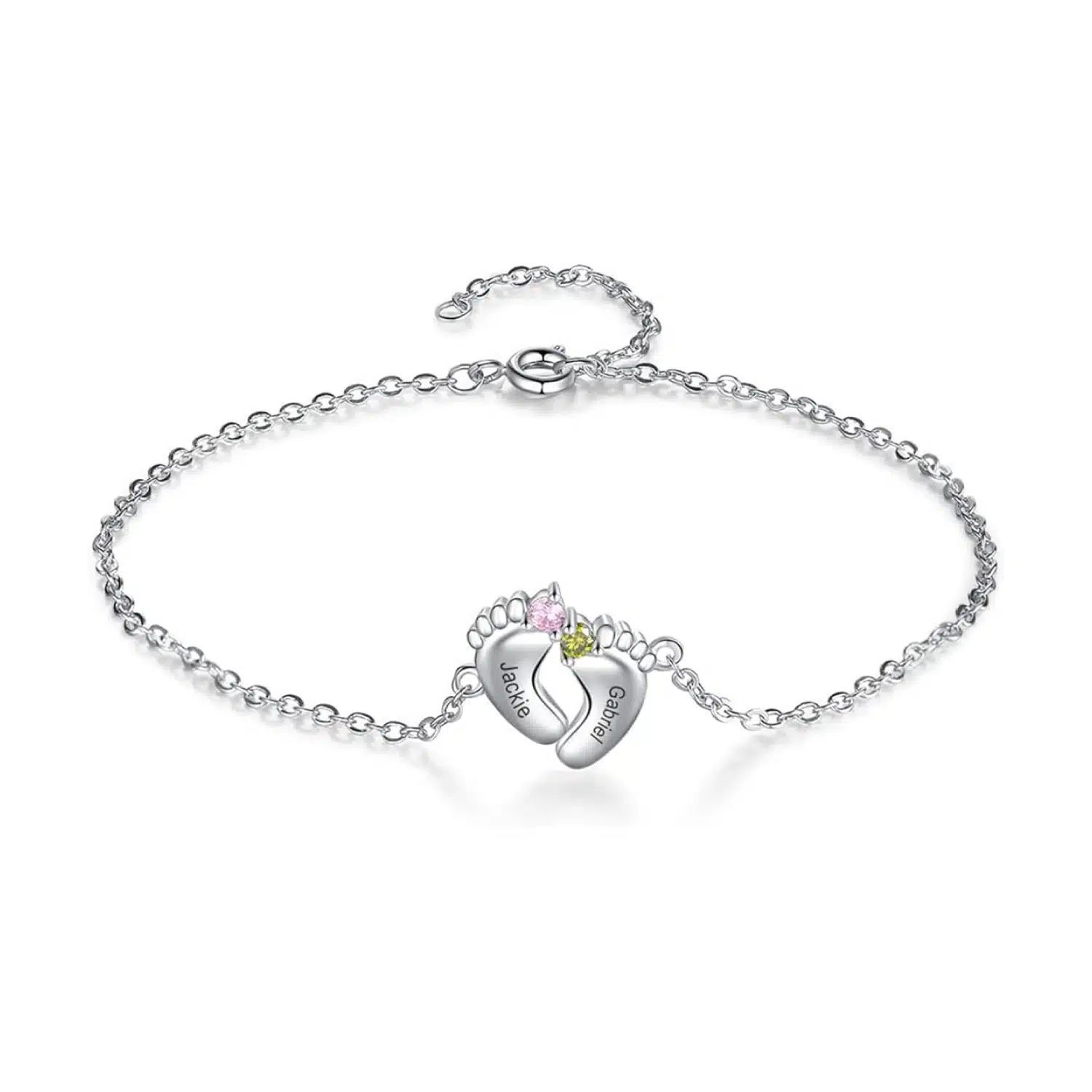 A personalized Heart Infinity Birthstone Baby's Footprint Charm Bracelet in real gold, engraved with names and featuring two birthstones, a superb option for Luxury Push Present Ideas.