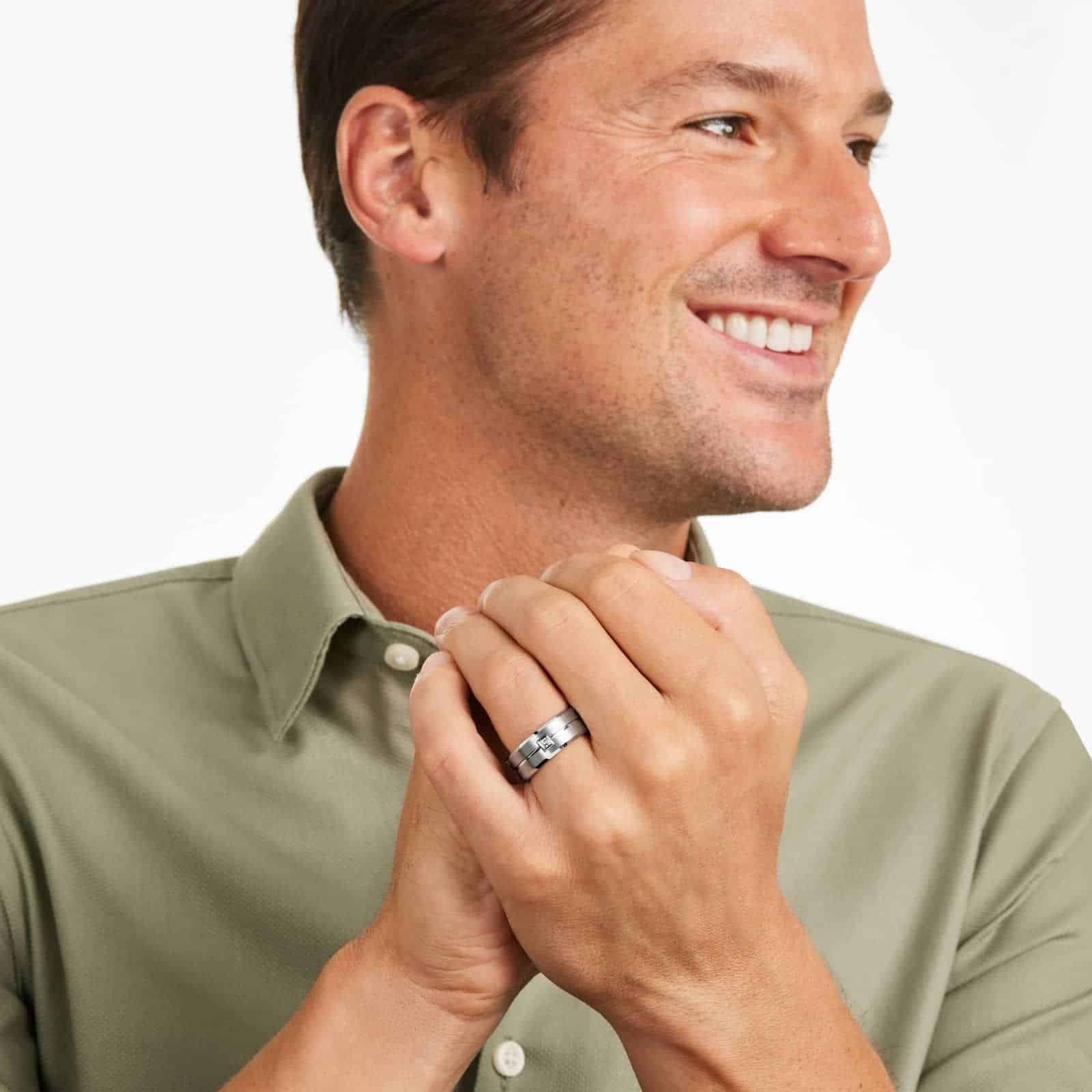 A Round Cut Diamond Mens Tungsten Wedding Bands With Diamonds by TRITON (9.00mm) in White Tungsten Carbide with a 0.1 CTW diamond.