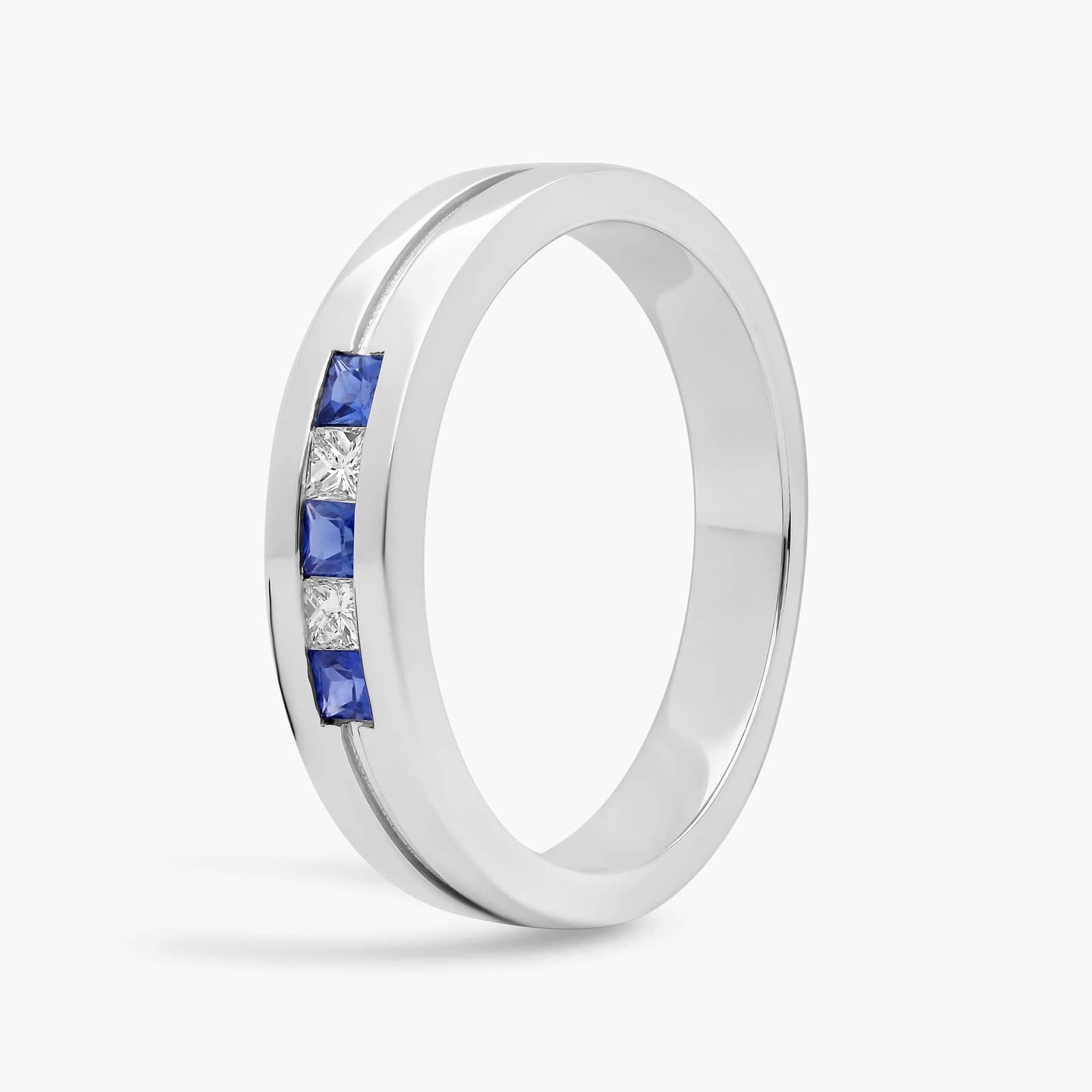 A Princess-Cut Diamond and Sapphire Mens Wedding Band With Sapphire in Platinum (4.30mm) with 0.12 CTW diamonds.