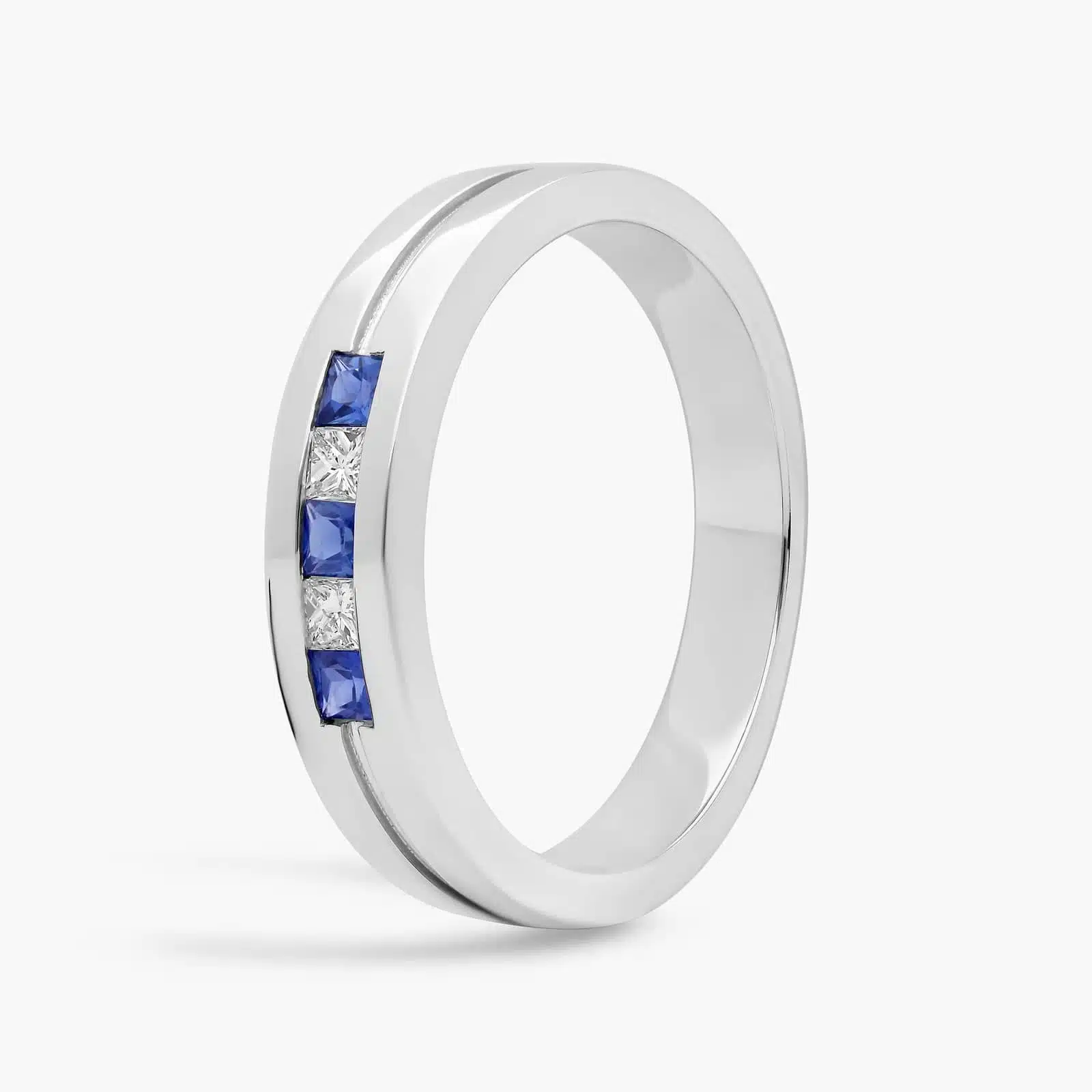 A Princess-Cut Diamond and Sapphire Mens Wedding Band With Sapphire in Platinum (4.30mm) with 0.12 CTW diamonds.
