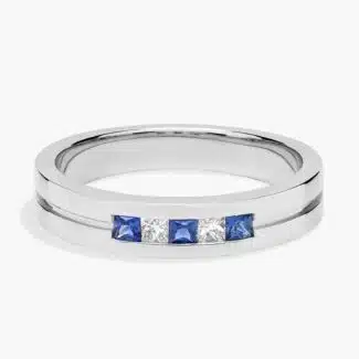 A Princess-Cut Diamond and Sapphire Mens Wedding Band With Sapphire in Platinum (4.30mm) with 0.12 CTW diamonds.