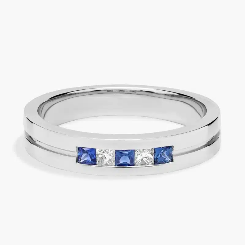 A Princess-Cut Diamond and Sapphire Mens Wedding Band With Sapphire in Platinum (4.30mm) with 0.12 CTW diamonds.