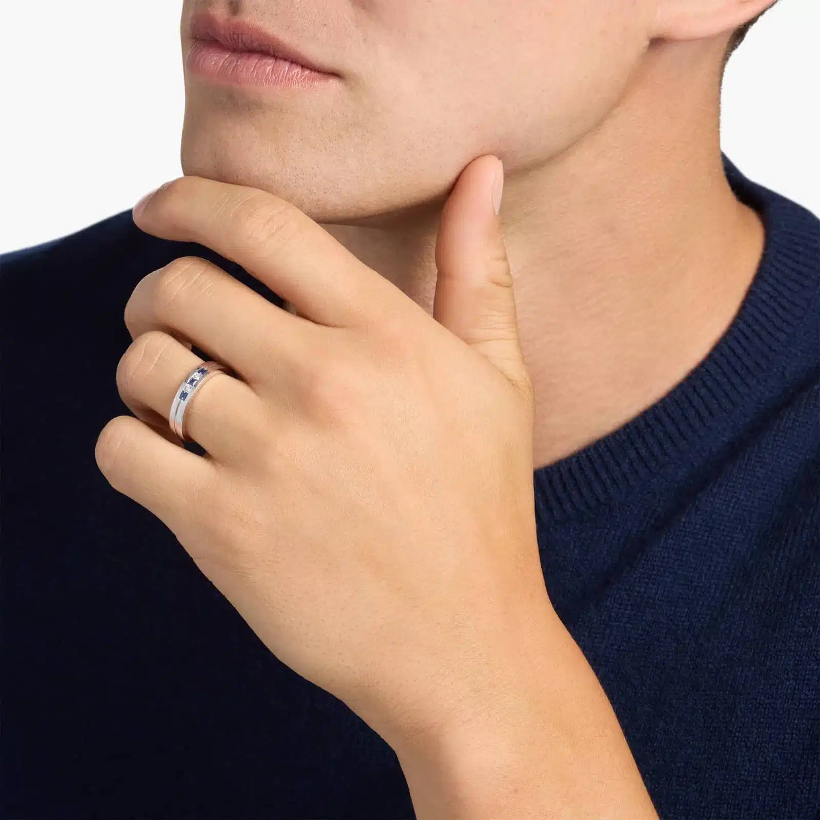 A Princess-Cut Diamond and Sapphire Mens Wedding Band With Sapphire in Platinum (4.30mm) with 0.12 CTW diamonds.