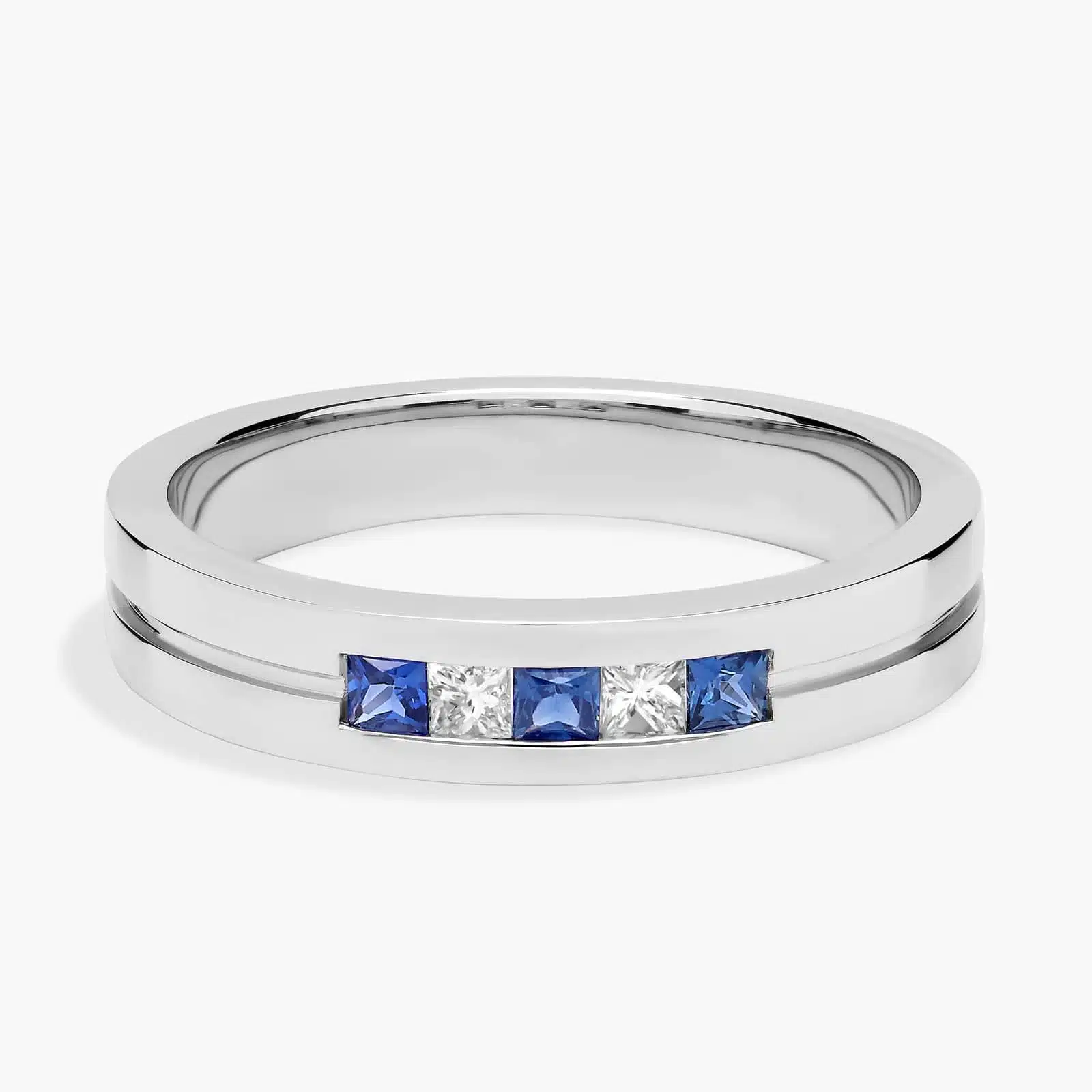 A Princess-Cut Diamond and Sapphire Mens Wedding Band With Sapphire in Platinum (4.30mm) with 0.12 CTW diamonds.