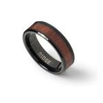 An 8mm Beveled Tungsten Rings For Men Wood band with a scratch-resistant Tungsten exterior and a natural Mopane Wood inlay.