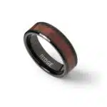 An 8mm Beveled Tungsten Rings For Men Wood band with a scratch-resistant Tungsten exterior and a natural Mopane Wood inlay.