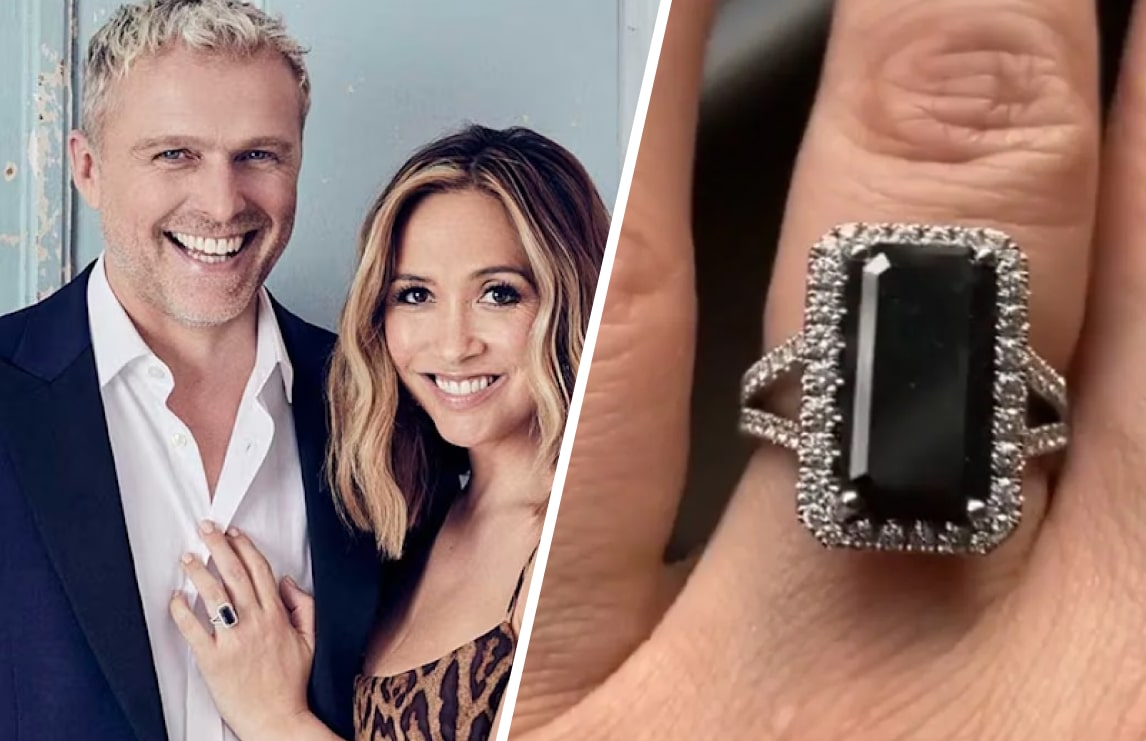 Myleene Klass's spectacular 7.6-carat emerald-cut black diamond engagement ring set in a white gold diamond halo, demonstrating modern glamour.