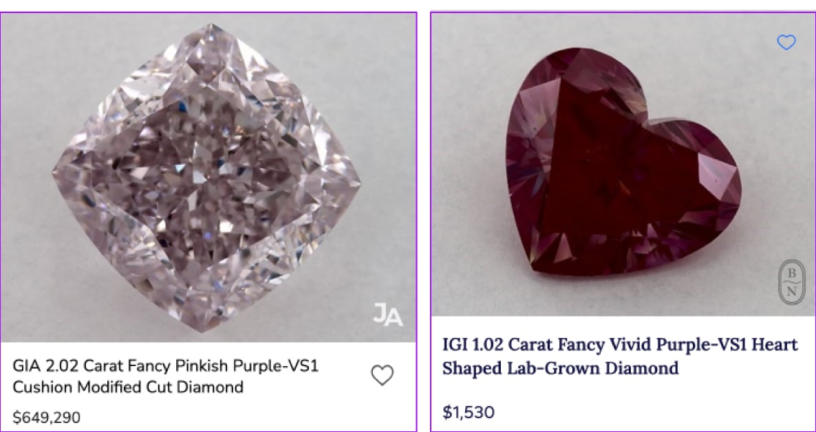 Side-by-side comparison of a natural 2.02-carat pinkish-purple diamond priced at $649,290 and a lab-grown 1.02-carat vivid purple diamond priced at $1,530, illustrating the massive price difference.