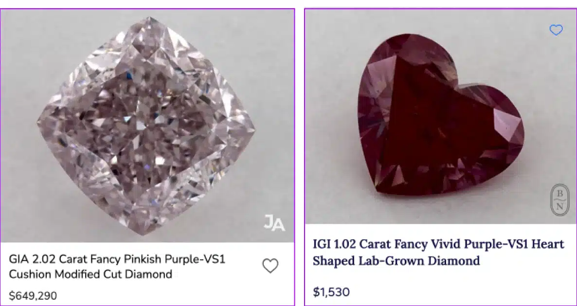 Side-by-side comparison of a natural 2.02-carat pinkish-purple diamond priced at $649,290 and a lab-grown 1.02-carat vivid purple diamond priced at $1,530, illustrating the massive price difference.